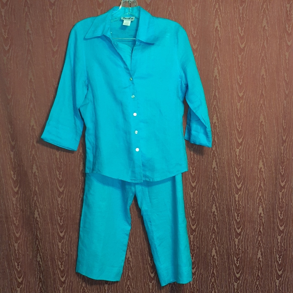 DAVID N. 2 PIECE PANTS SUIT WOMEN'S TURQUOISE BUTTON UP MID SLEEVE